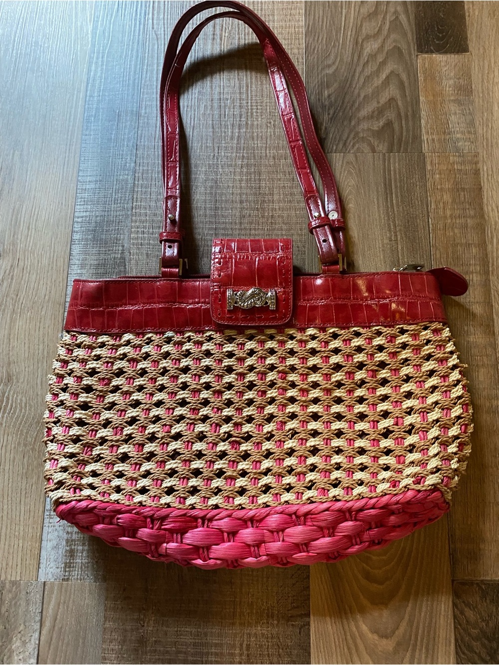 MCM Red and Natural Woven Tote Bag
